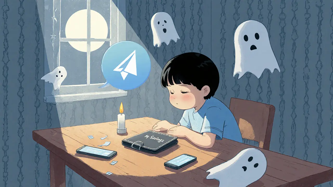 A child sits alone with broken devices and ghostly chat bubbles in the dark.