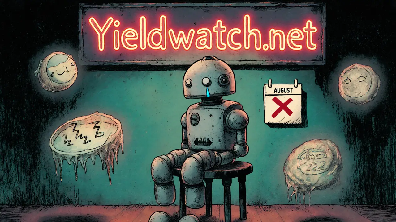 A lonely robot sitting beside a faded Yieldwatch sign, surrounded by outdated crypto icons.