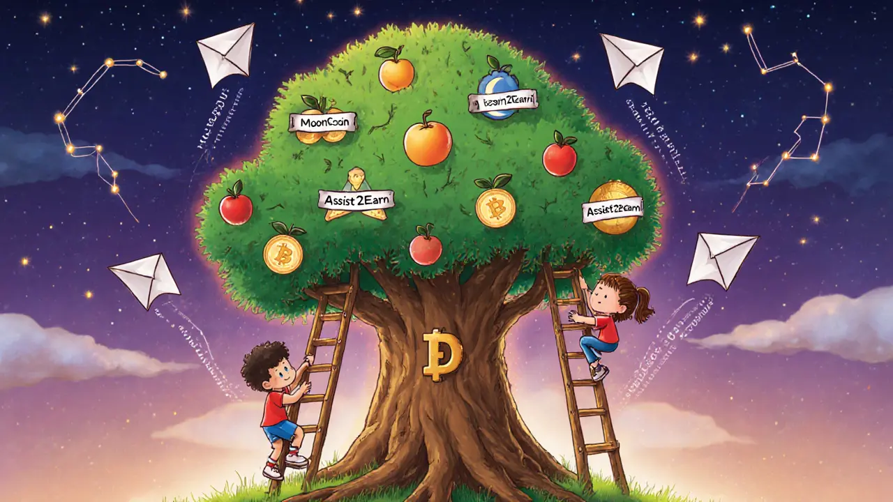 A magical blockchain tree with reward fruits, children climbing quest ladders under a starry sky.