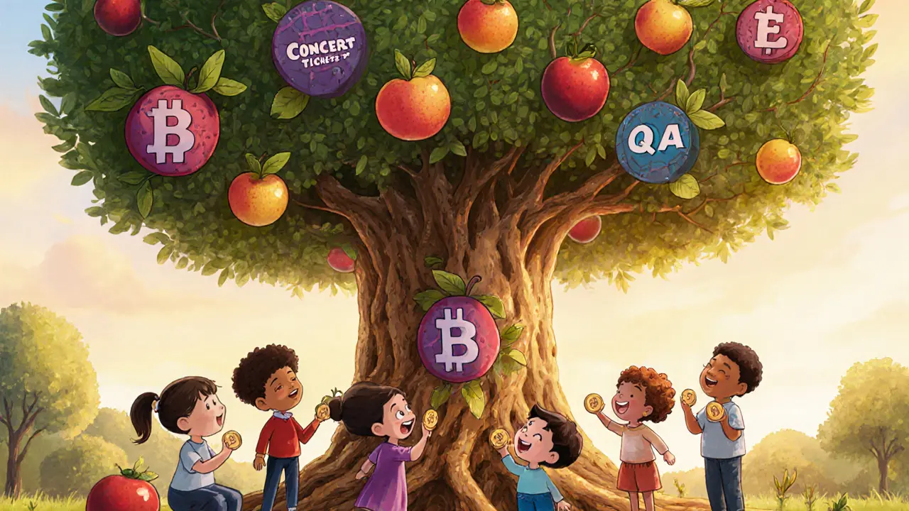 A magical tree with token-fruits grows from blockchain roots, surrounded by a diverse community.