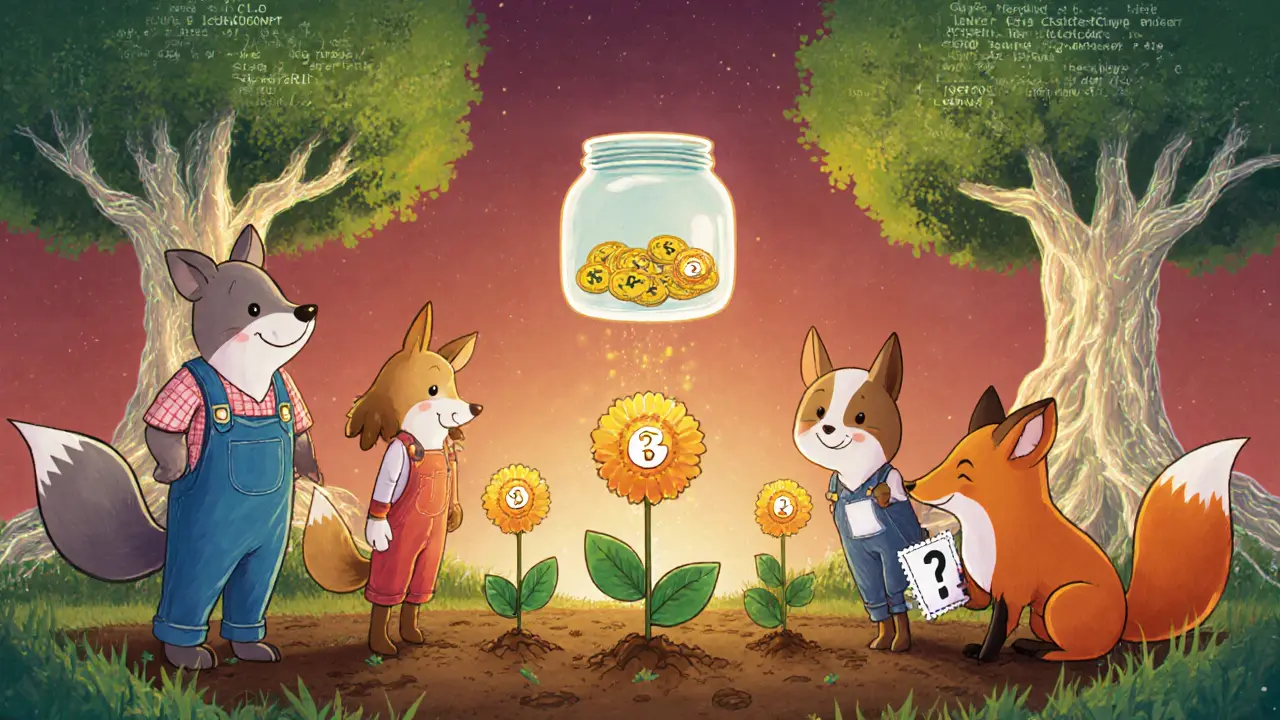Animals plant LP seeds that grow into prize-releasing PPI flowers under a glowing lottery jar.