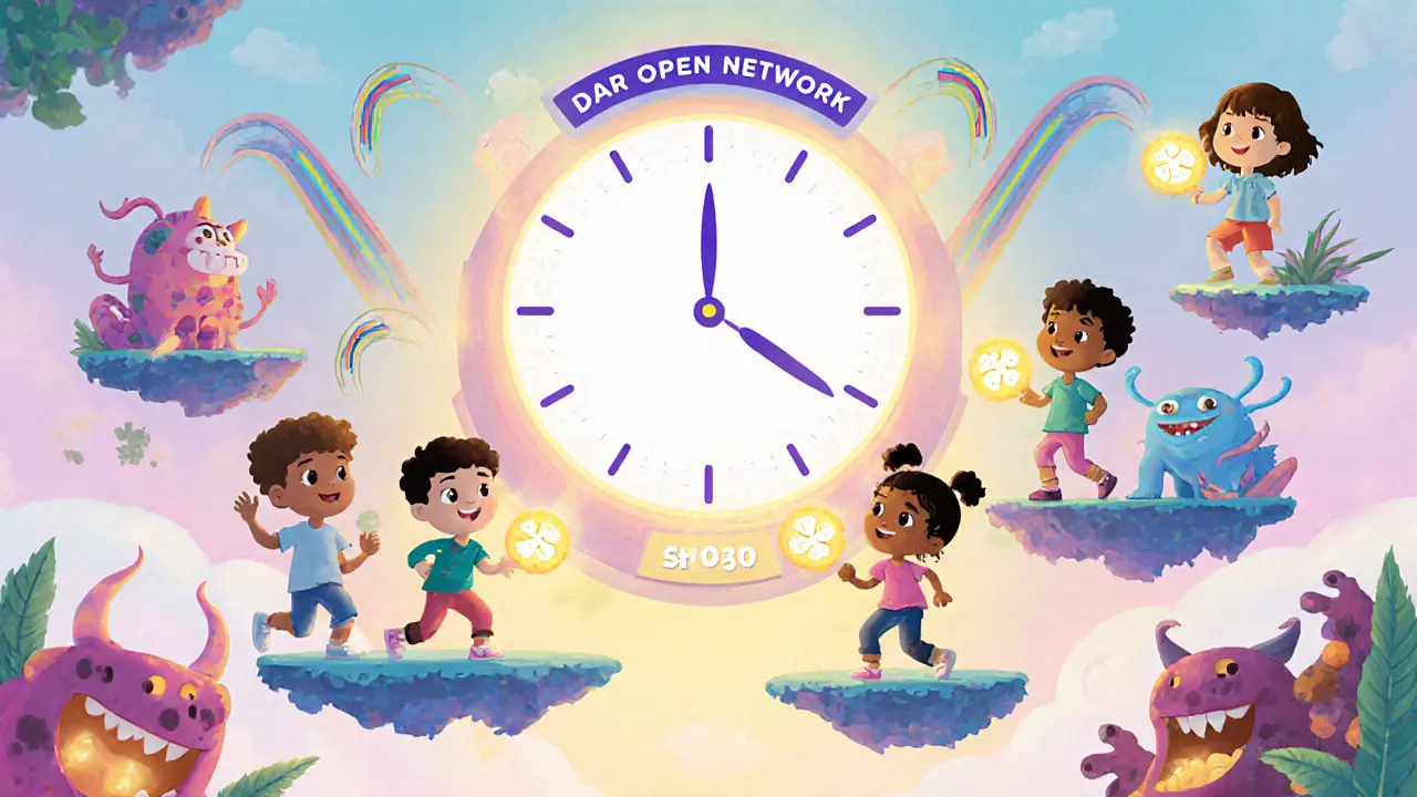 Children playing together in a colorful game arena with floating points and a countdown clock to the airdrop.