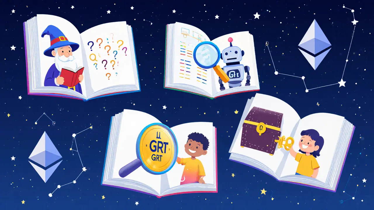 Five illustrated storybook pages showing steps to claim the GRT airdrop.