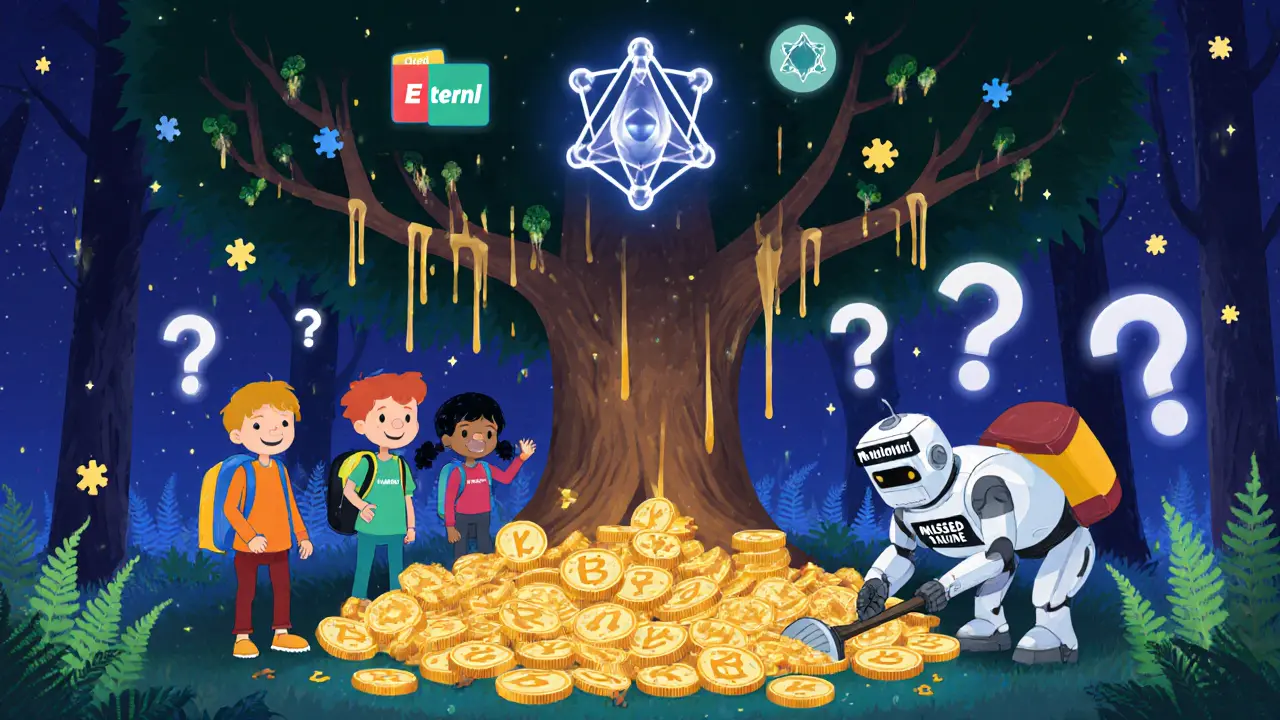 Kids connecting wallets to a tree that drips NIGHT tokens, with a robot digging up missed coins.