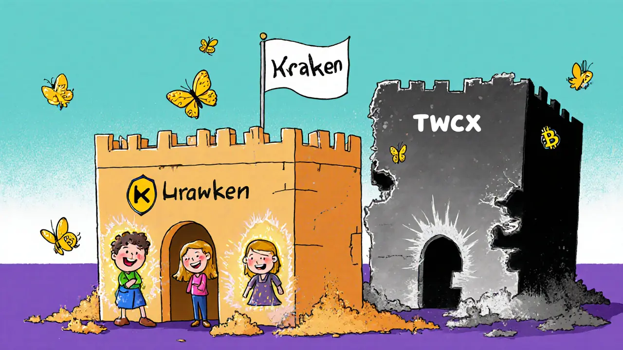 A bright, safe crypto castle with happy users, while a crumbling ghost building fades behind.