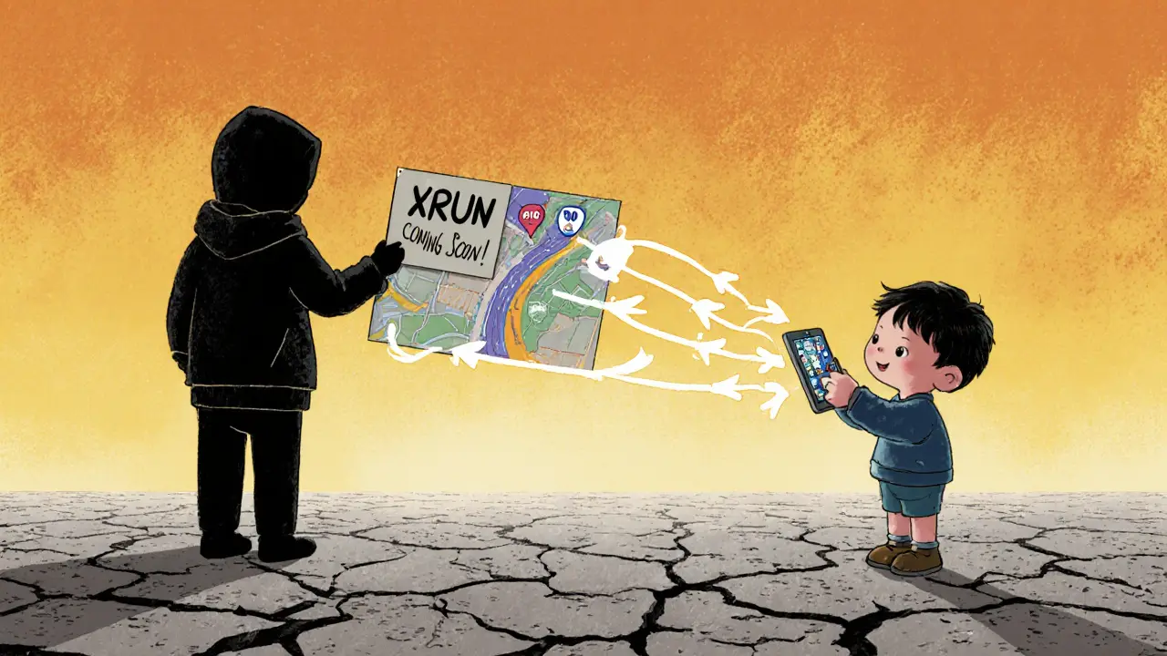 A child looks at an AR map while a shadowy figure holds a &#039;Coming Soon&#039; sign in a barren city.