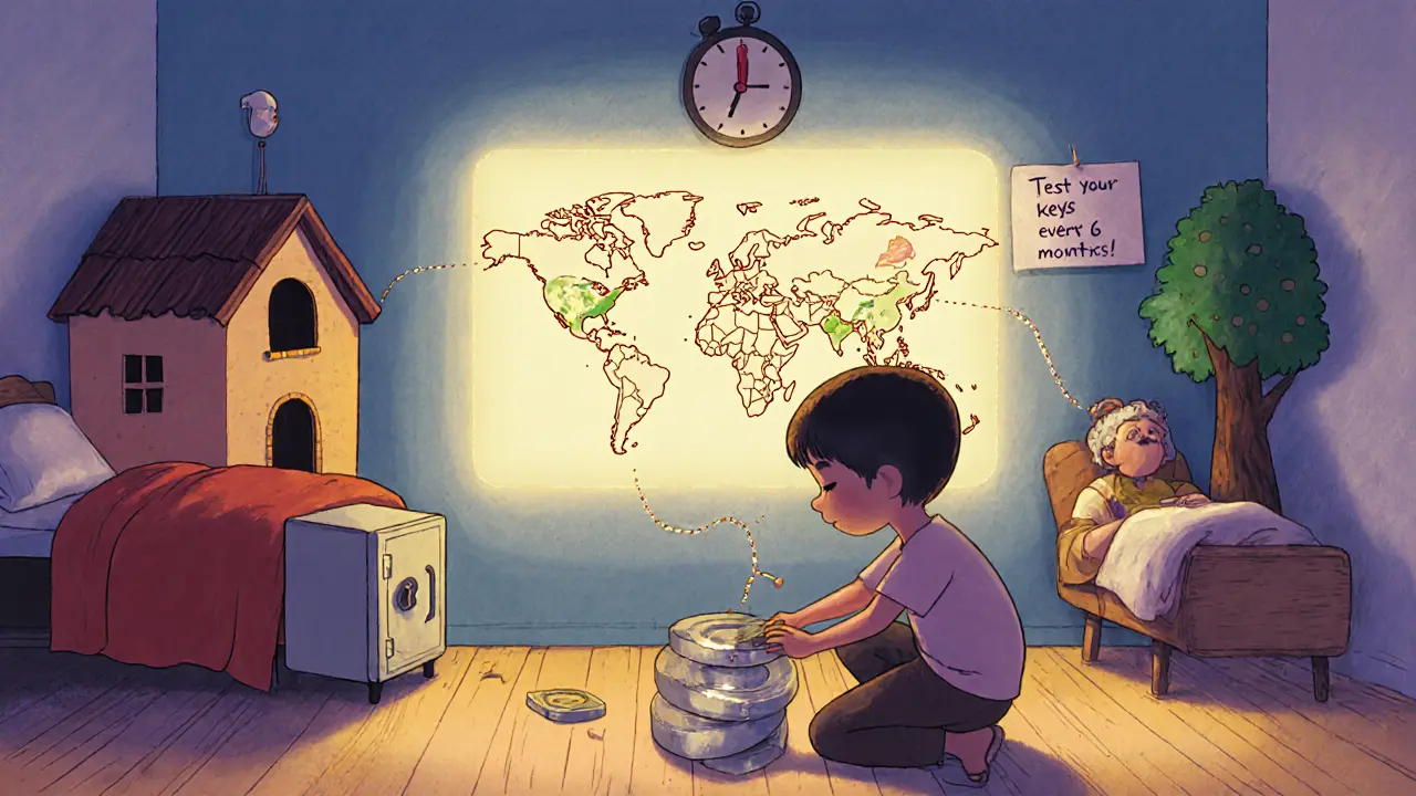 A child stores three metal key plates in different safe places, with a map showing their locations.