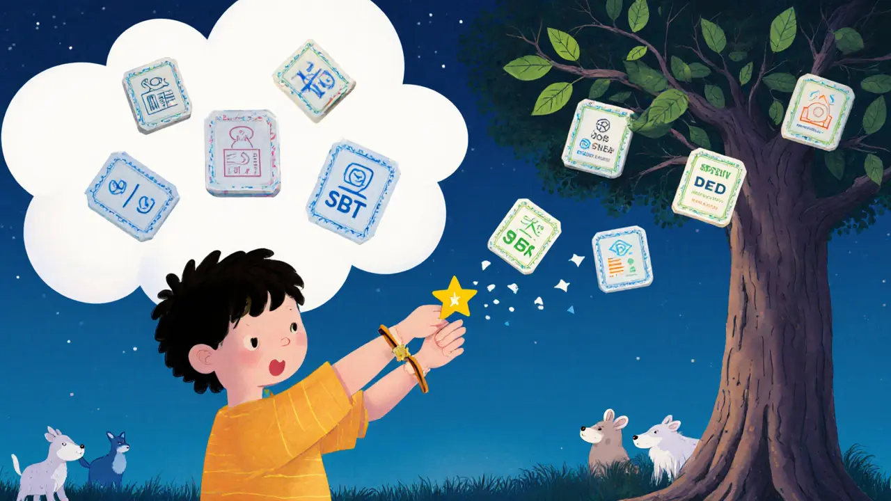 A child wears a soulbound token bracelet as unwanted tokens float away, with digital certificates growing like leaves on a tree.