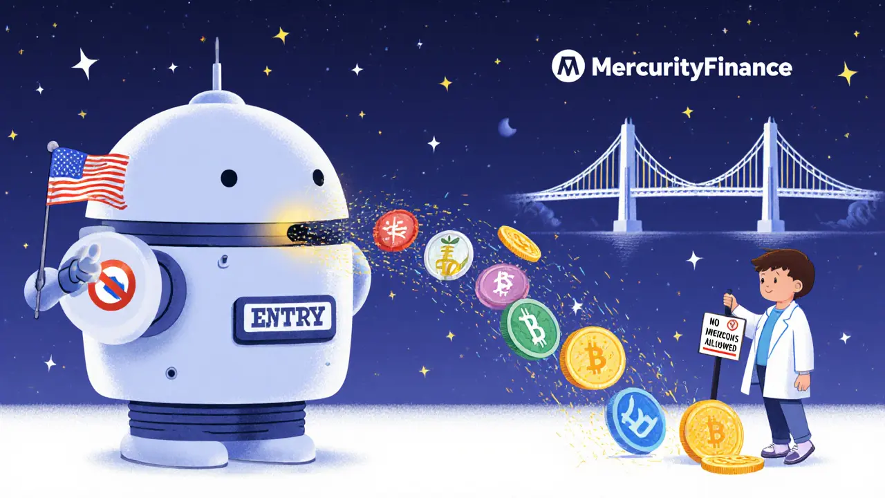 A compliance robot scanning crypto tokens, with a EU-Japan bridge and &#039;No Memecoins&#039; sign.