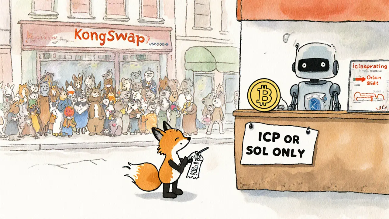 A confused fox at a KongSwap shop being told only ICP and SOL are accepted, while a busier rival shop glows nearby.