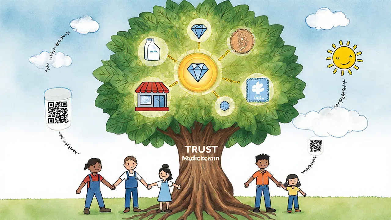 A diverse group holding hands around a glowing blockchain tree, with products as branches and data blocks as leaves, symbolizing trust and transparency.