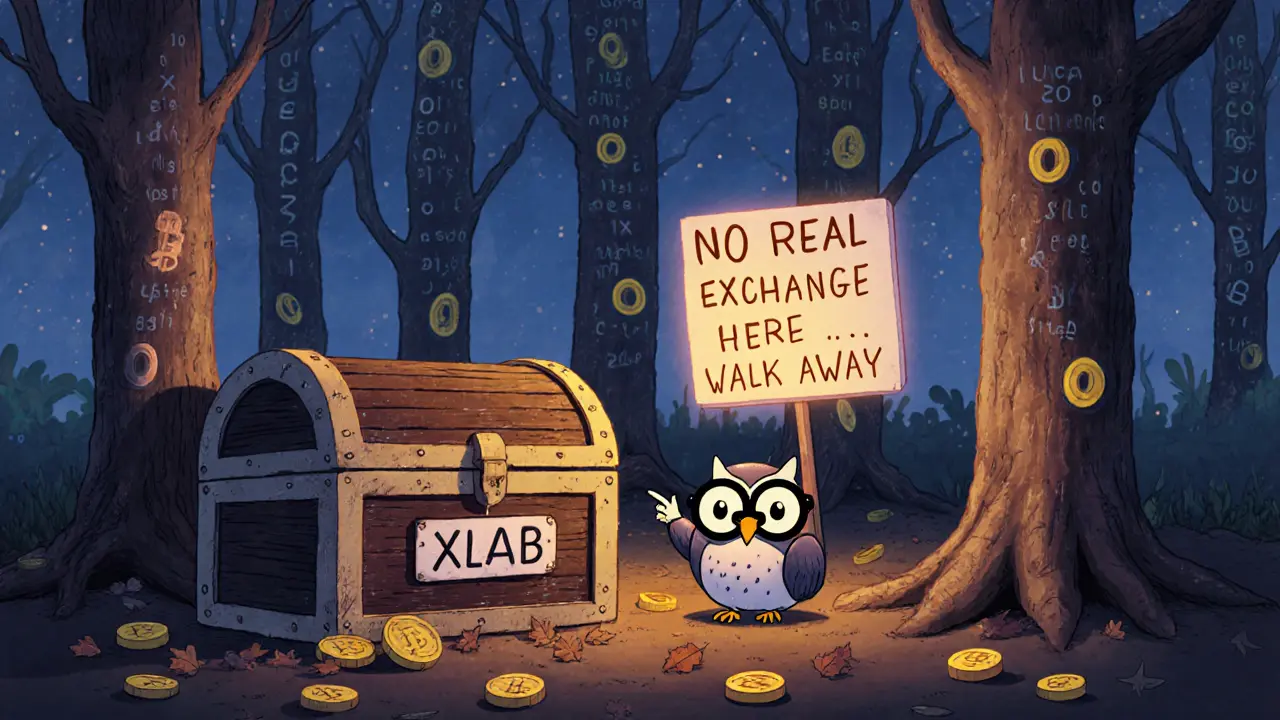 A dusty treasure chest labeled &#039;XLAB&#039; sits in a dead digital forest, with an owl pointing to a warning sign.
