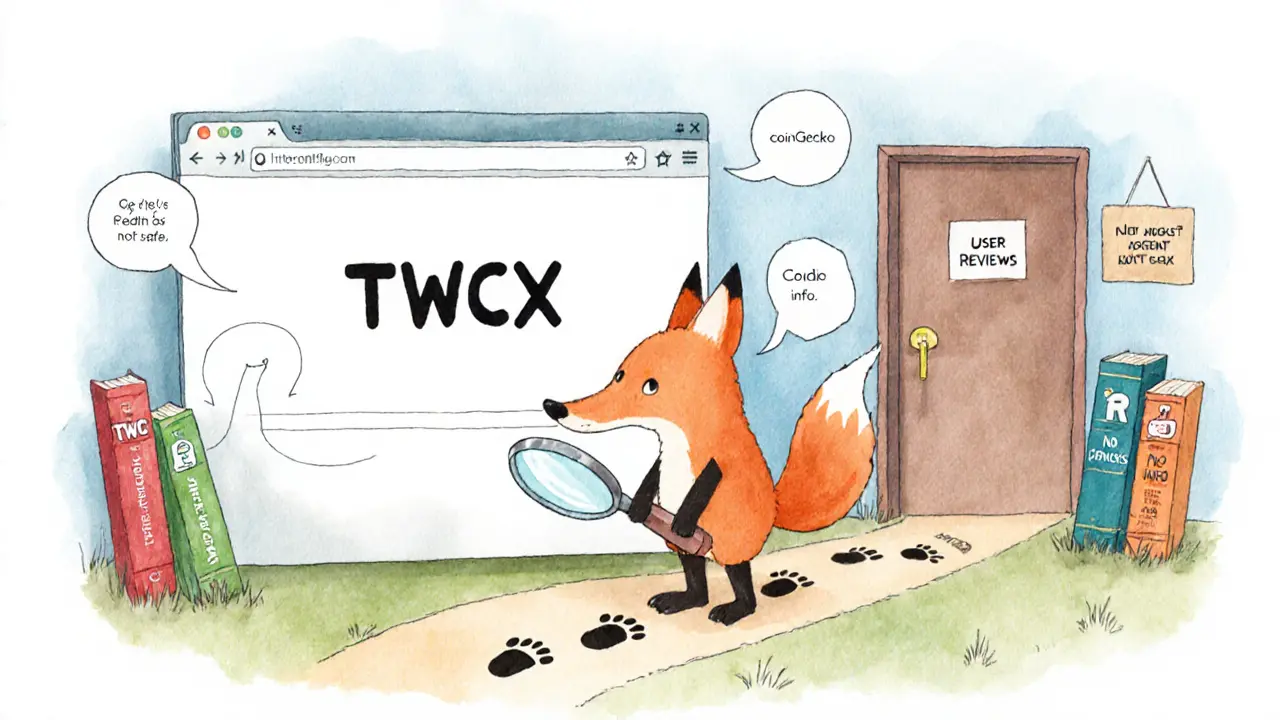 A fox examining a blank webpage as books on verified exchanges stand open nearby.