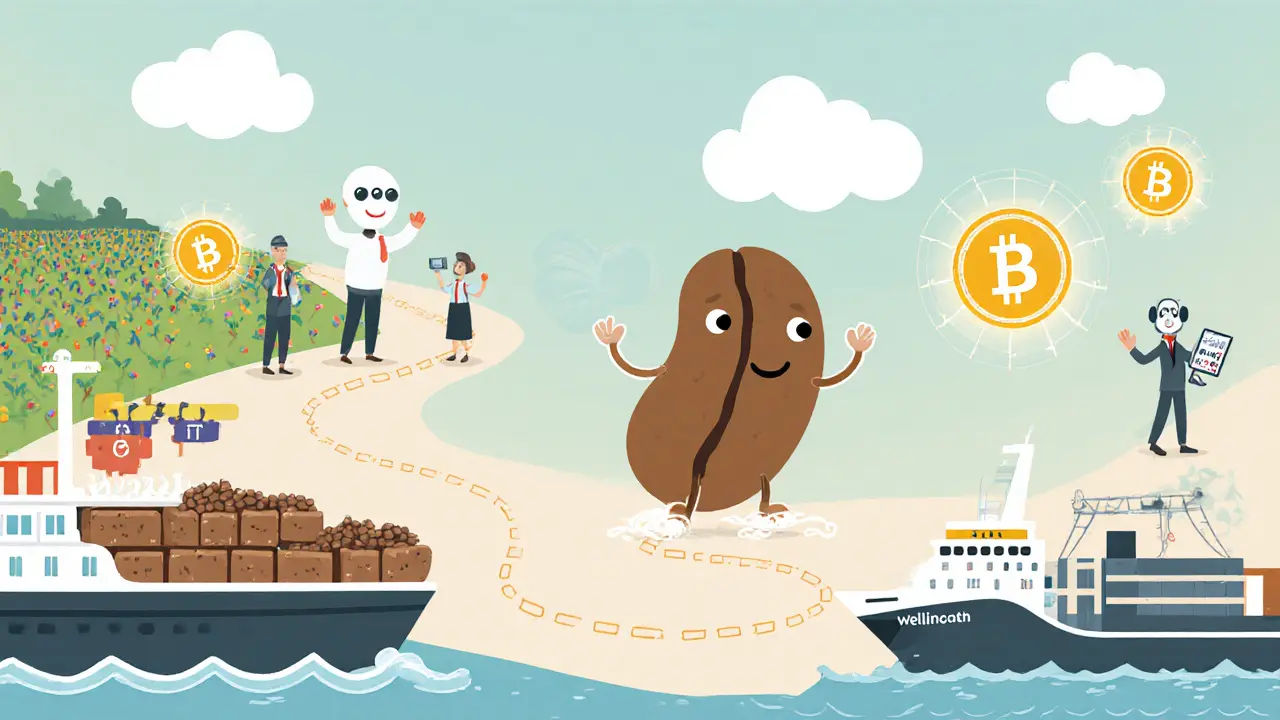 A friendly coffee bean traveling through a whimsical supply chain, passing ships, ports, and robots, with glowing data blocks beside each step.