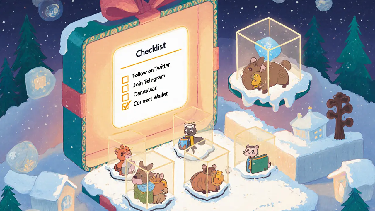 A gift-box portal reveals a digital winter zoo with animals holding wallets and a checklist of airdrop tasks.