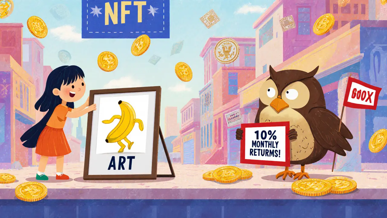 A girl displays a fun NFT artwork while a boy tries to sell a fake investment NFT, stopped by a wise SEC owl.