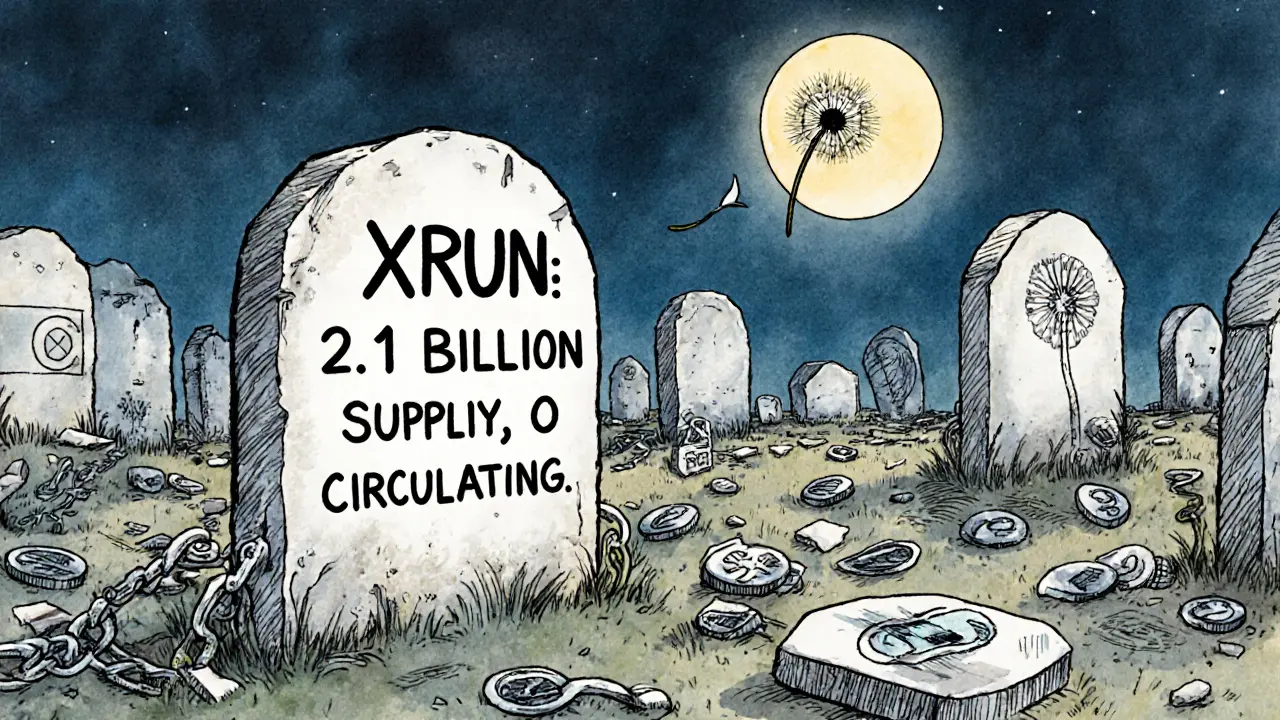 A graveyard of broken crypto chains with one tombstone marking XRUN&#039;s zero circulation.