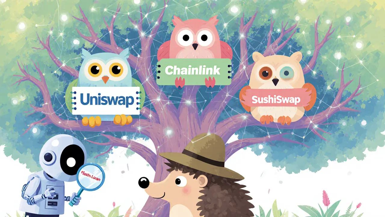 A hedgehog detective examines price feeds on a digital tree with three owl oracles, while a shadowy bot sneaks nearby.