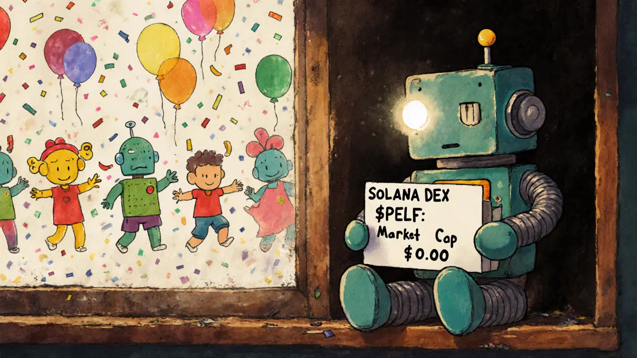 A lonely toy robot sits on a shelf with a &#039;$PELF: Market Cap <h2>Is There a Team or Roadmap?</h2>.00&#039; sign while other crypto tokens party outside.