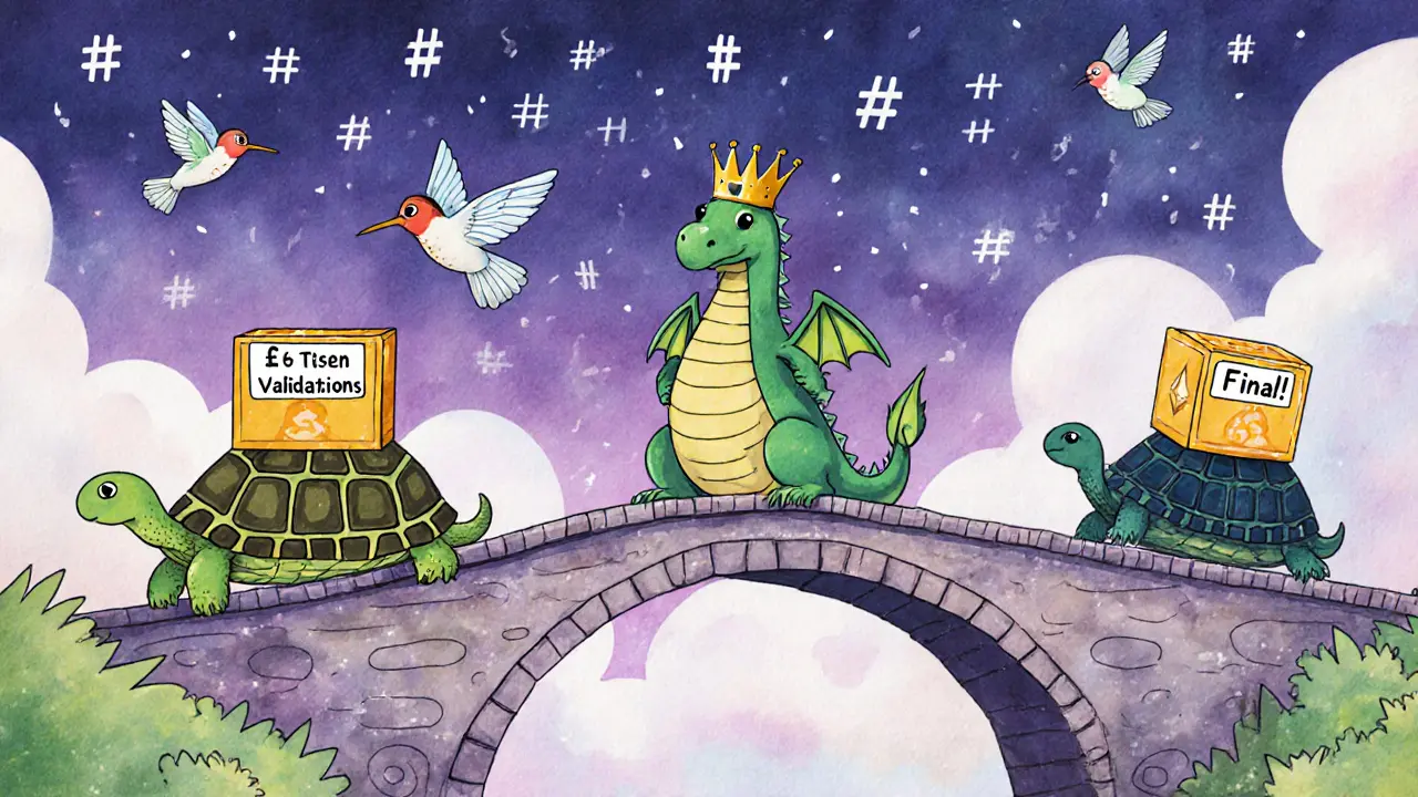 A magical bridge with turtles and hummingbirds delivering blocks, watched over by a wise validator dragon.
