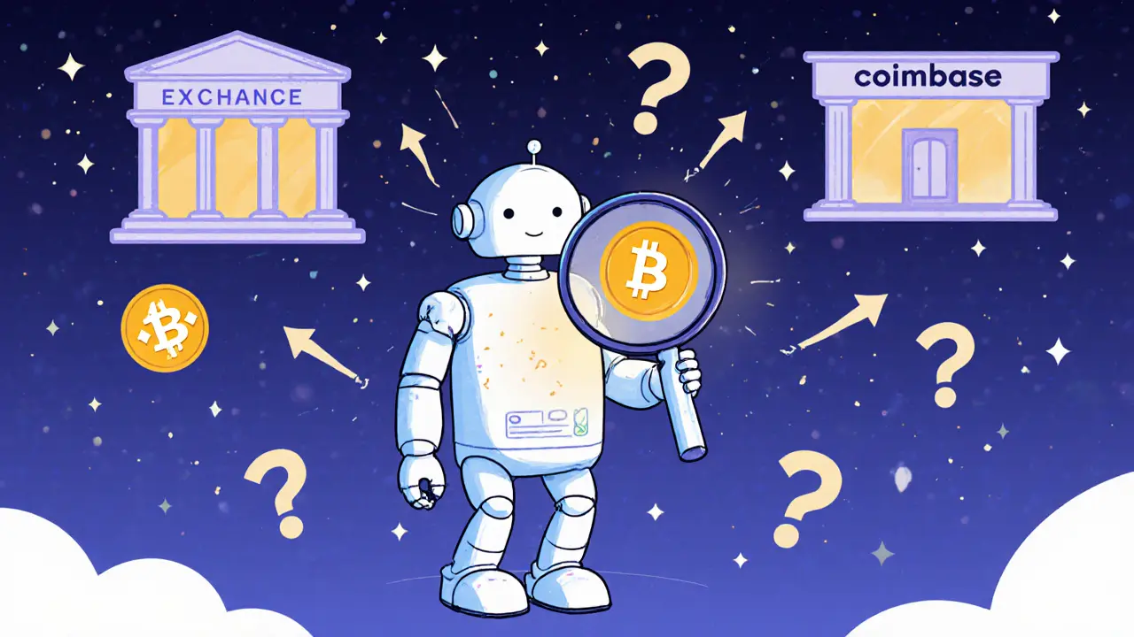 A robot examines a nearly invisible token surrounded by question marks, while major exchanges glow warmly in the distance.