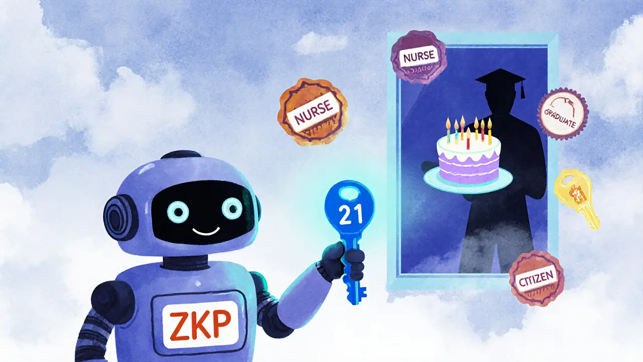 A robot uses a glowing key to prove age without revealing details, surrounded by floating verified badges.