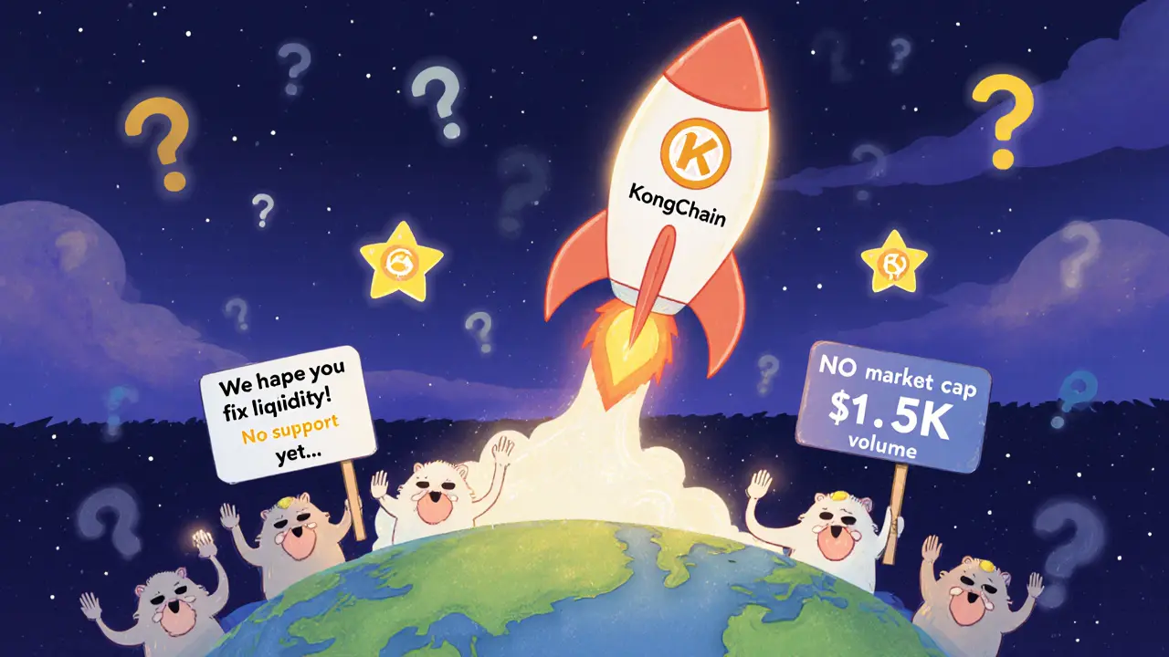 A rocket labeled KongChain launches from a small planet as creatures wave goodbye under a sky of question marks and zero market cap numbers.