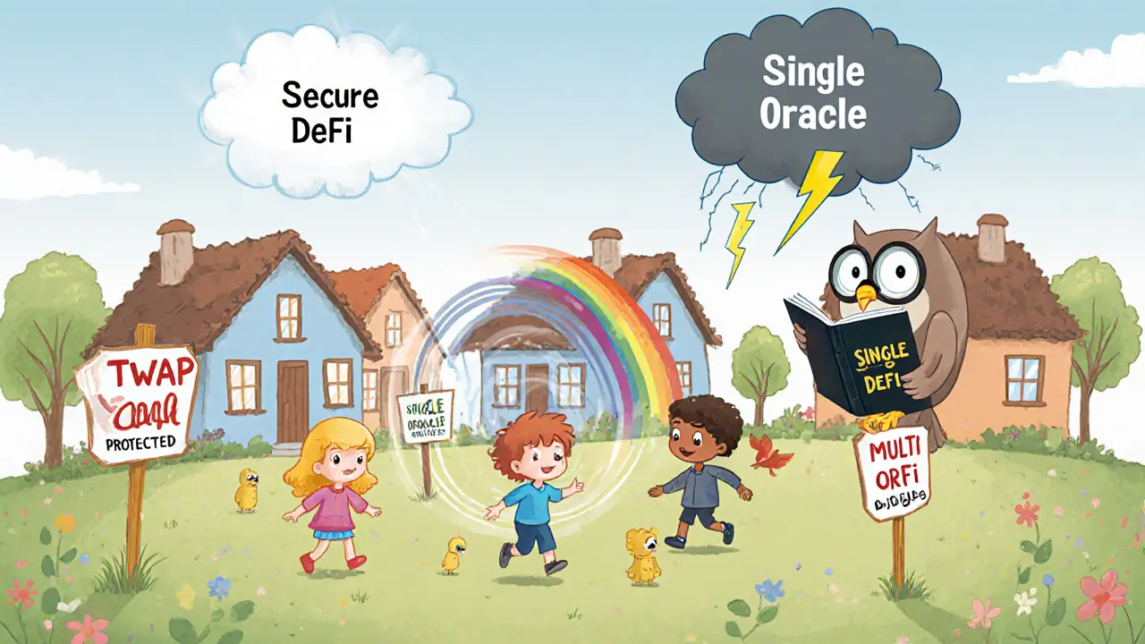 A safe DeFi village with TWAP houses and multi-oracle shields, while a storm cloud labeled &#039;Single Oracle&#039; looms in the distance.