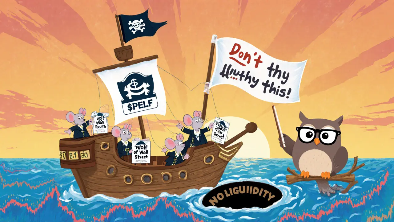 A tiny pirate ship made of trading charts sinks into a black hole as an owl warns viewers not to buy $PELF.