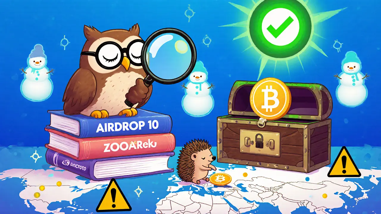 An owl with glasses examines a map of safe and scam airdrops while a hedgehog places a token in a secure wallet.