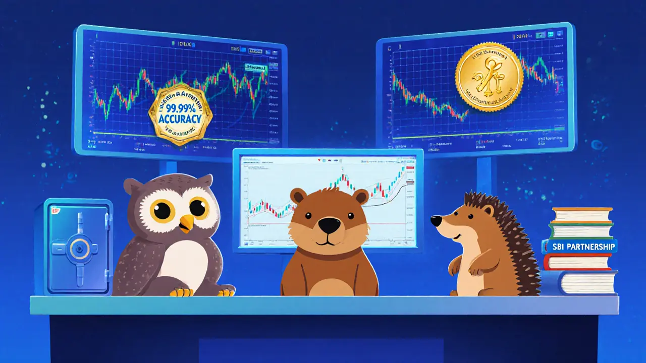 Animal traders at a desk with monitors showing compliance badges and cold storage vaults.