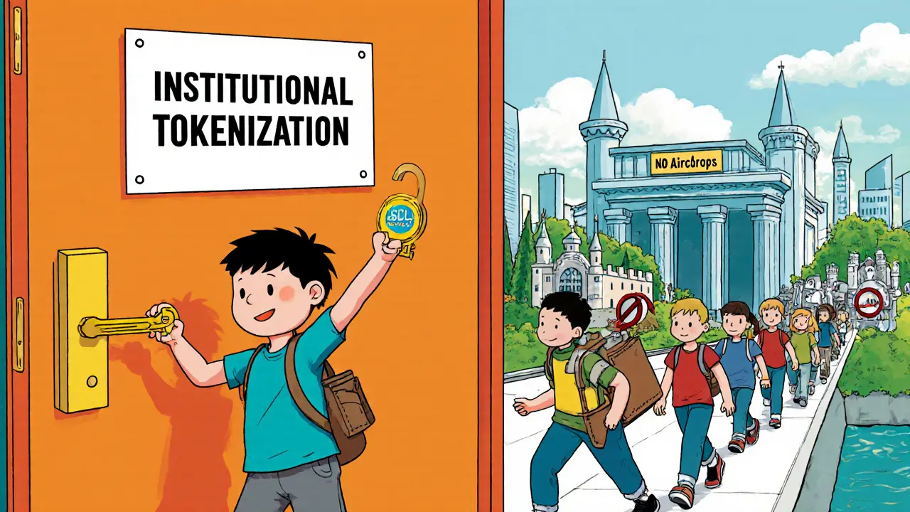 Child opening a door to a city where robots trade tokenized real estate and carbon credits.