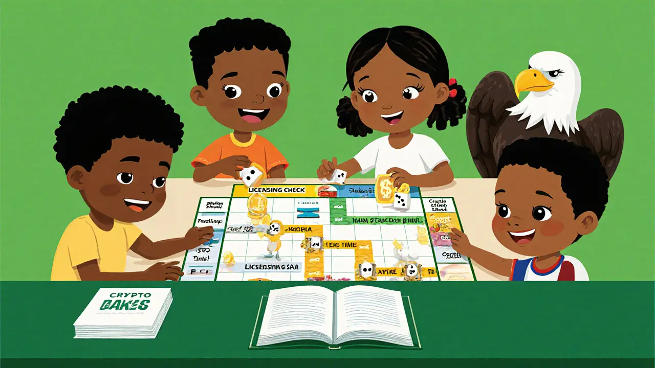 Children play a board game called &#039;Crypto Safe!&#039; with a fox and eagle as guides, learning about crypto rules.