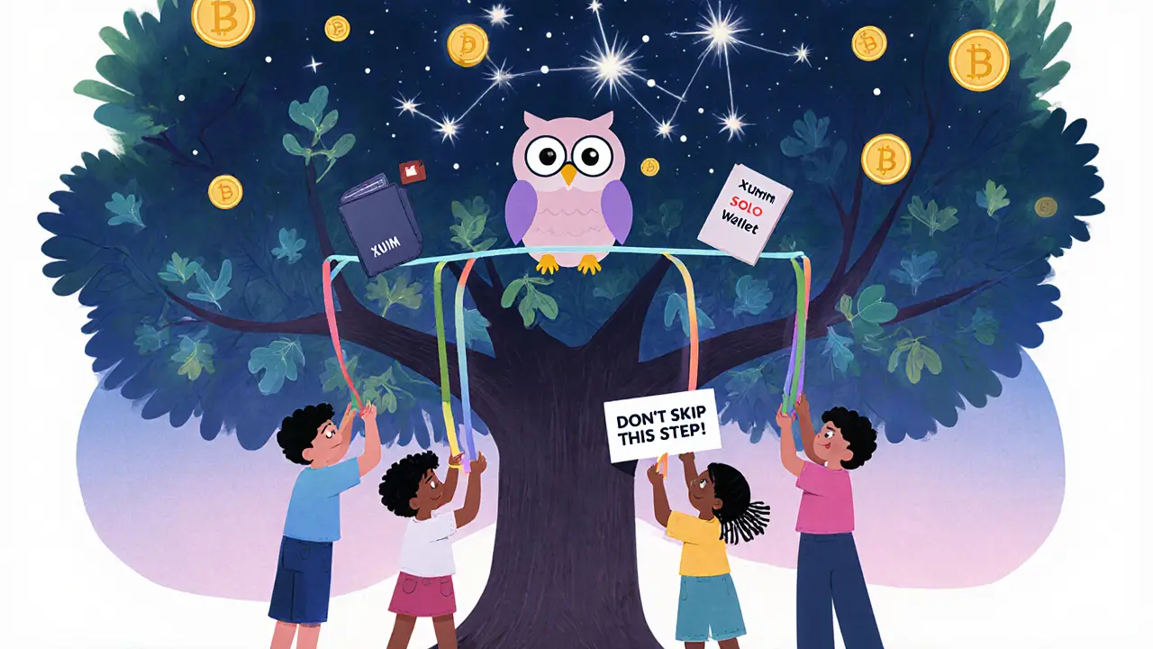 Children setting up glowing trustlines on a token-shaped tree under a starry sky.