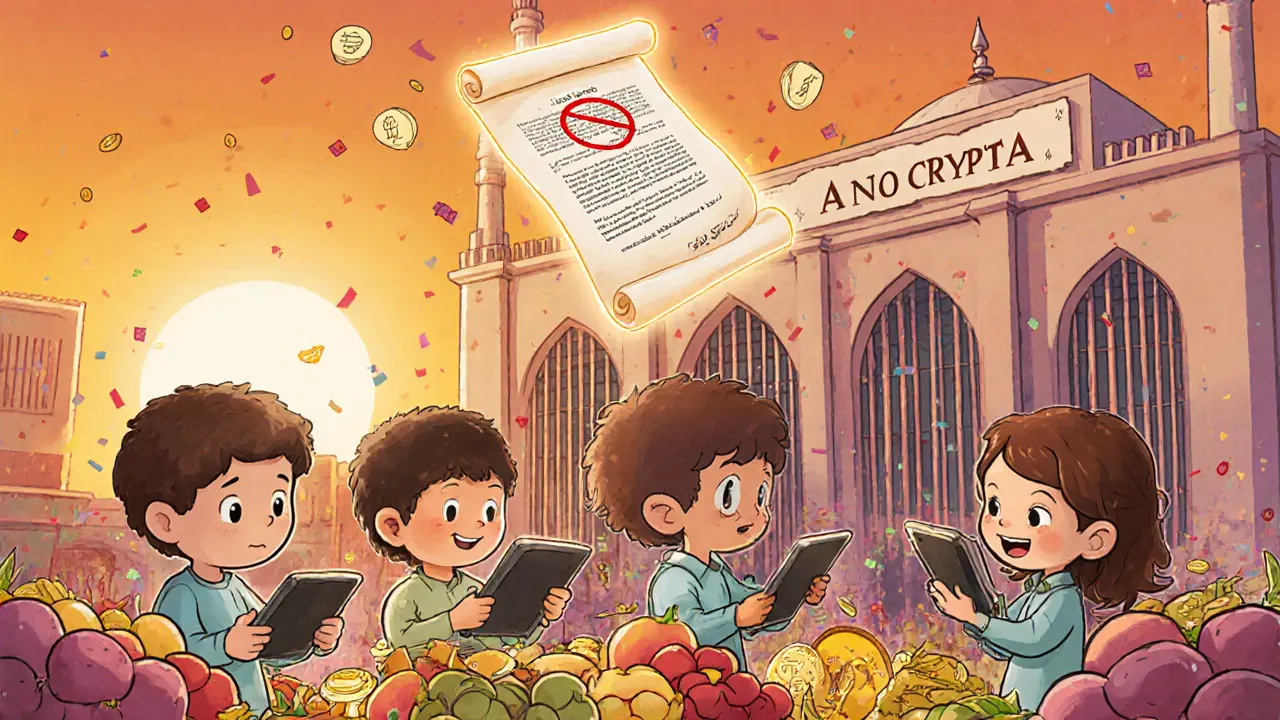 Children trade digital coins in a marketplace while a mosque-shaped bank says &#039;No Crypto Here&#039; and a glowing fatwa blessing floats above.