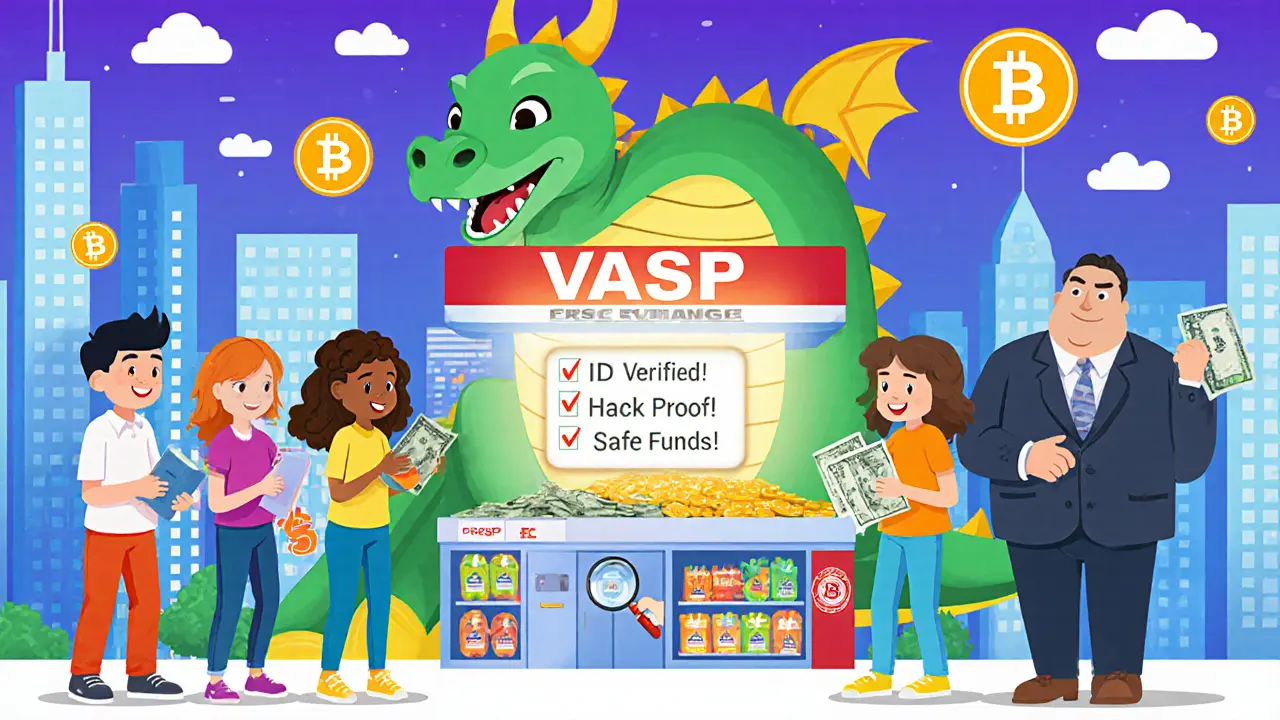 Kids trade cash for crypto tokens with a friendly dragon-shaped exchange under a safety checklist.