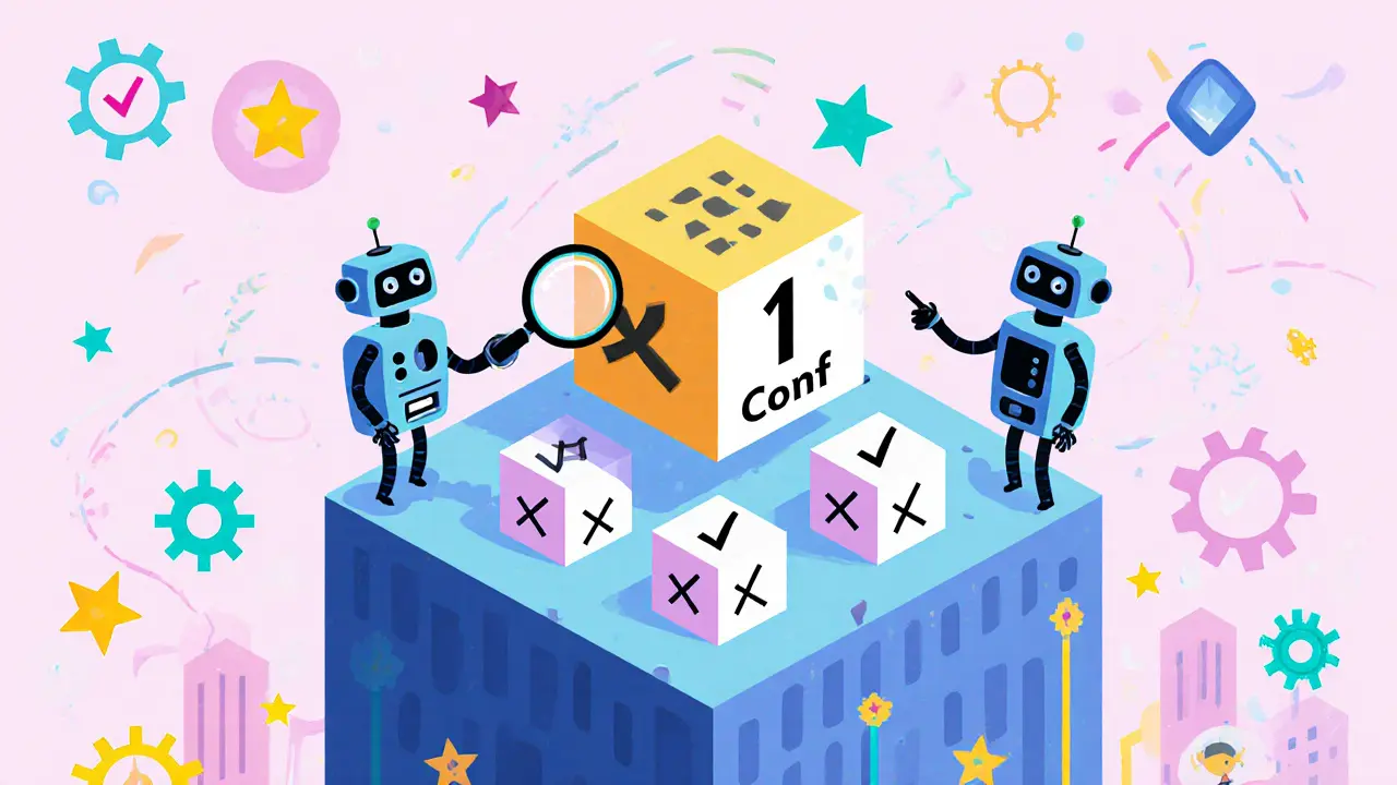 Robots inspecting a blockchain tower, one block wobbling while six solid ones stand firm below.