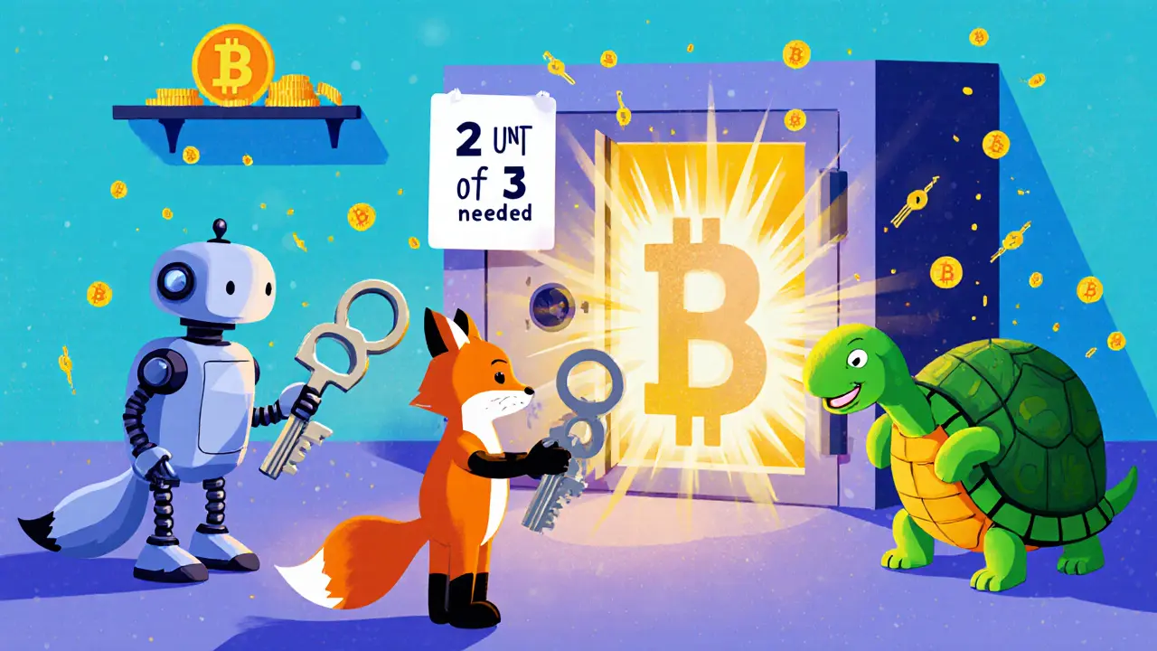 Three animal friends place two keys into a glowing vault, causing it to open with golden light.