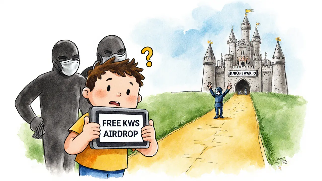 A child being warned away from fake airdrop scams while guided to a safe castle.