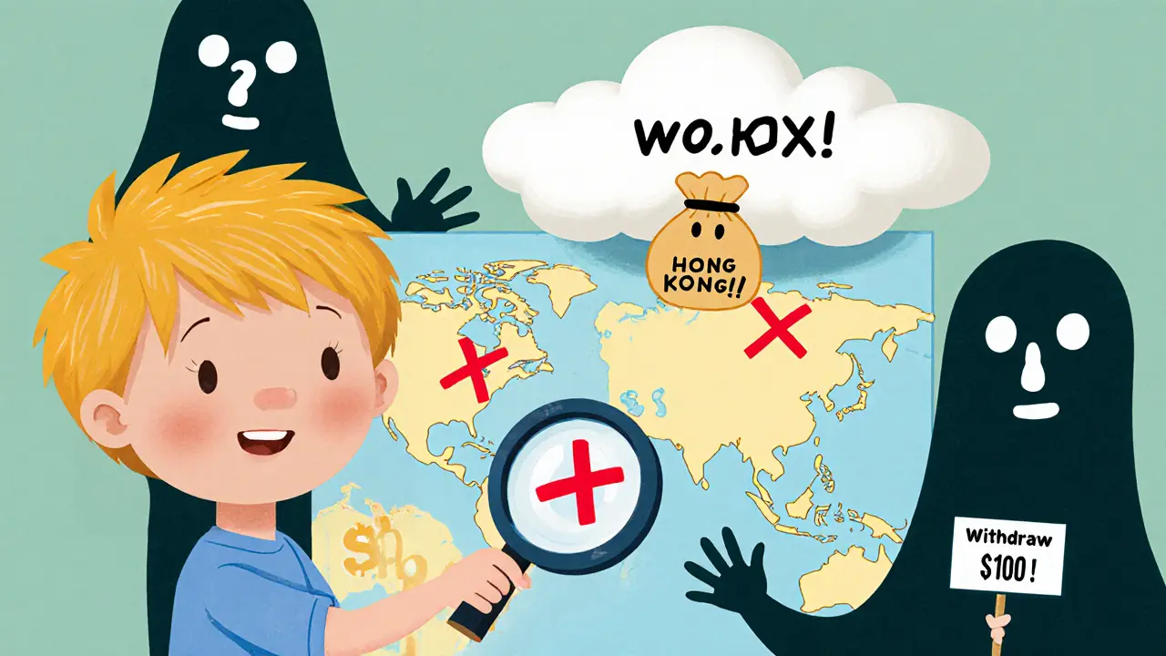 A child examining a world map with red Xs over the U.S. and Hong Kong, while MGBX hides behind a cloud.