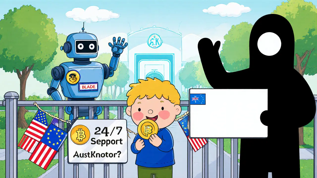 A child stands before a locked gate marked &#039;Not Available&#039; for the U.S., EU, and Australia, while a friendly support robot waves from a safe exchange park.