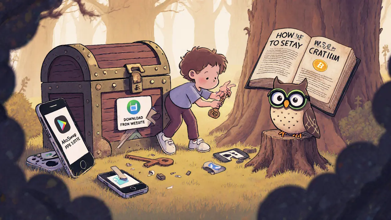 A child trying to open a locked app chest with no official store icons, guided by a wise owl.