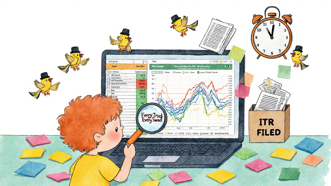 A child uses a magnifying glass over a crypto spreadsheet as tax birds drop forms into a filing box.