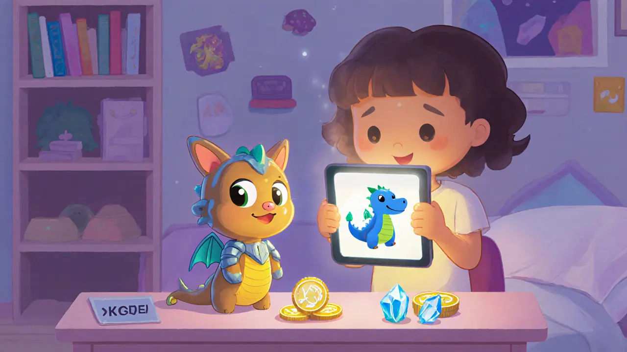 A child uses a tablet to craft items for their Genopet pet, with glowing tokens and a dragon-shaped wallet nearby.