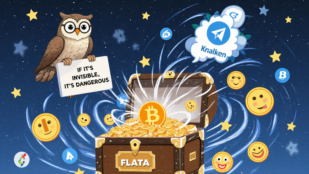 A child watching a Bitcoin vanish into a vortex of fake smiles and warning icons.