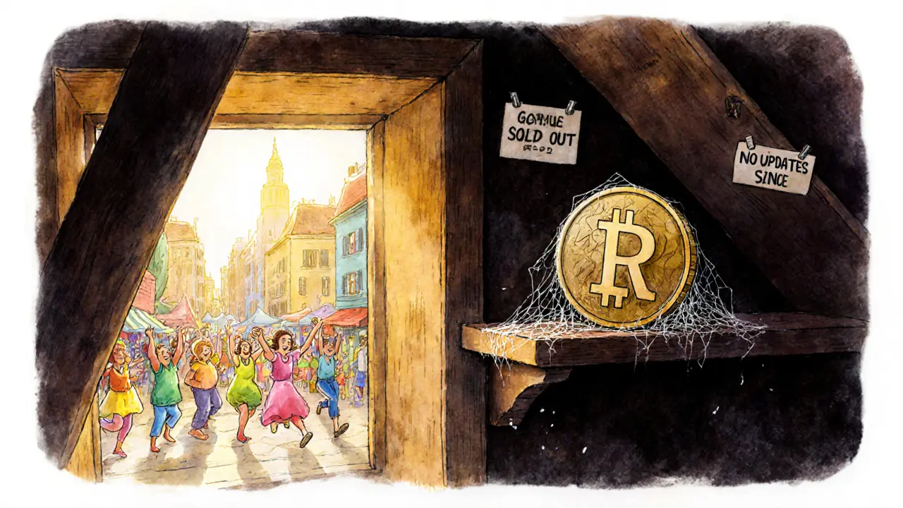 A dusty RAM token alone in an attic while other stablecoins dance in sunlight below.