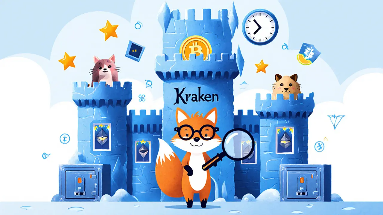 A fox with glasses standing before Kraken’s fortress with 350 crypto creatures peeking from windows.