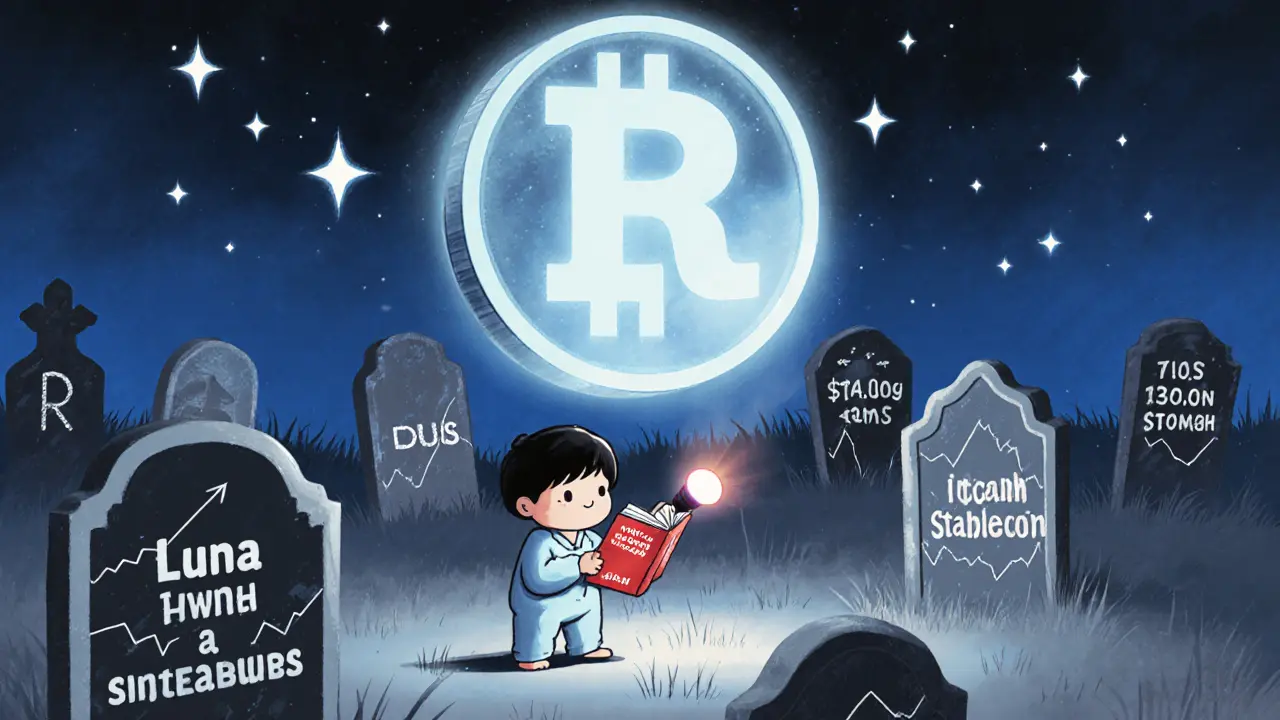 A ghostly RAM coin floating above a crypto graveyard under starry price charts.