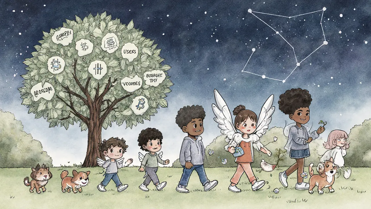 A group of children walk together as their Genopet pets evolve, while a fading blockchain tree loses leaves in the background.