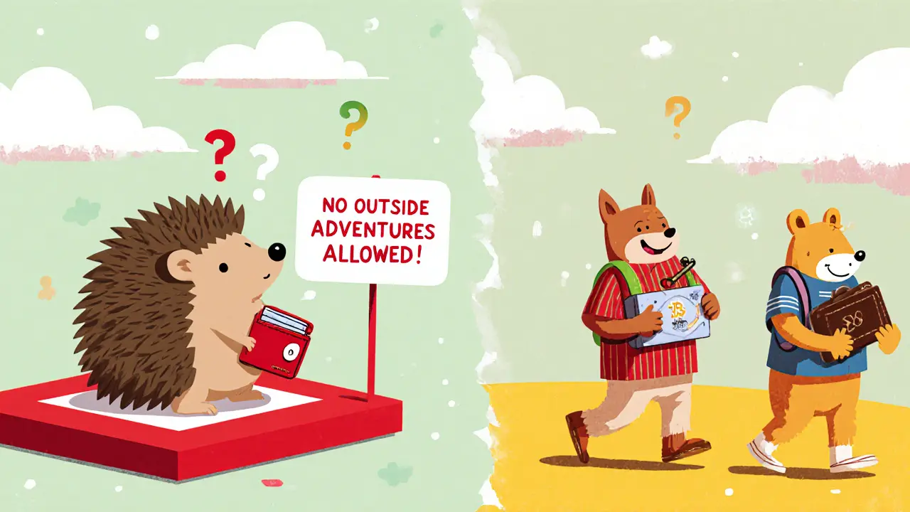 A hedgehog unable to leave Robinhood’s platform while others walk away with their crypto wallets.